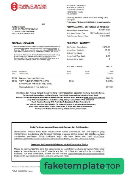 Feature of fake Malaysia Public bank statement